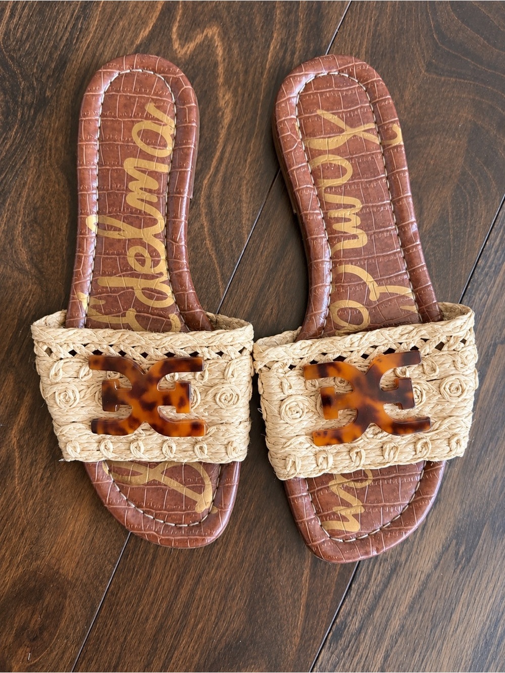 Sam Edelman Raffia Tortoise Logo Slide Sandals Brown Cream